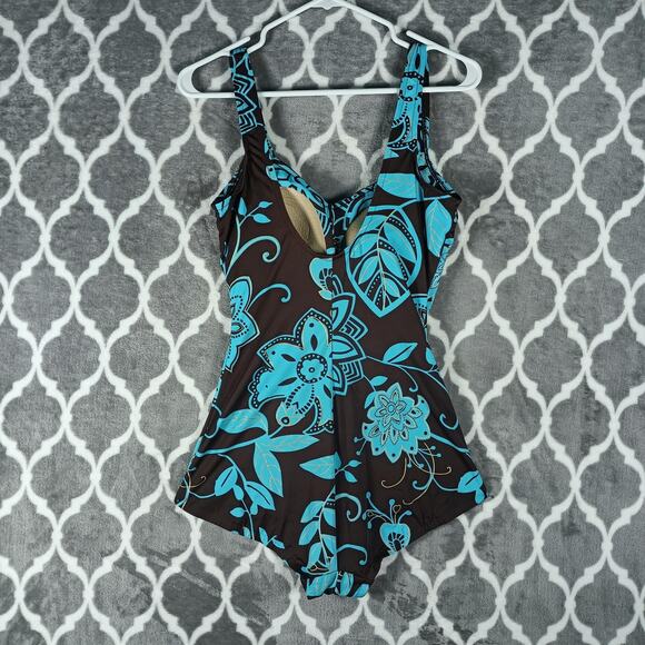 Maxine Swimsuit Womens 14 Brown Blue Floral One Piece Tummy Control Ruched Lined - Picture 2 of 8